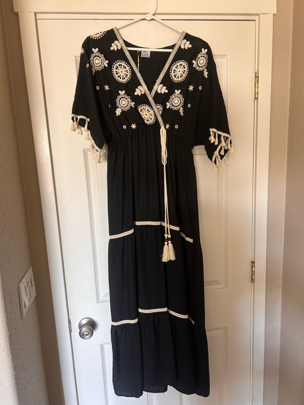 Black Embroidered Maxi Dress with Ivory Tassel Detail